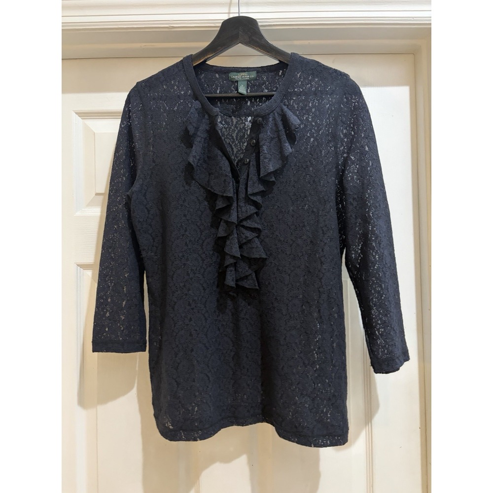 Lauren Jeans Co Ralph Lauren Black Lace Ruffle Top Blouse Shirt Womens Medium M